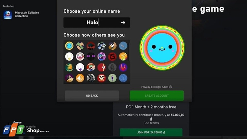 Bạn điền tên, chọn avatar sau đó nhấn dấu mũi tên và Create Account