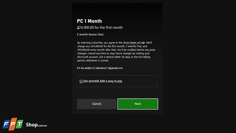 Nhấn Join for 24,900,00 đ rồi nhấn Get started! And a way to pay để thêm thẻ thanh toán