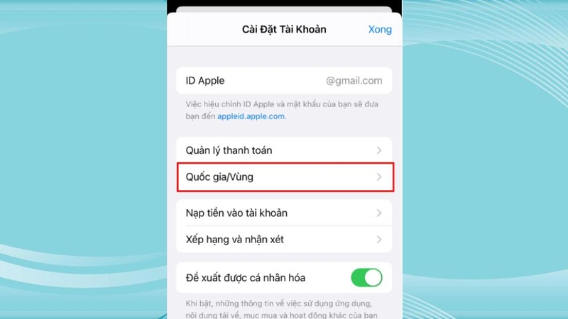 Chọn "Quốc gia/Vùng