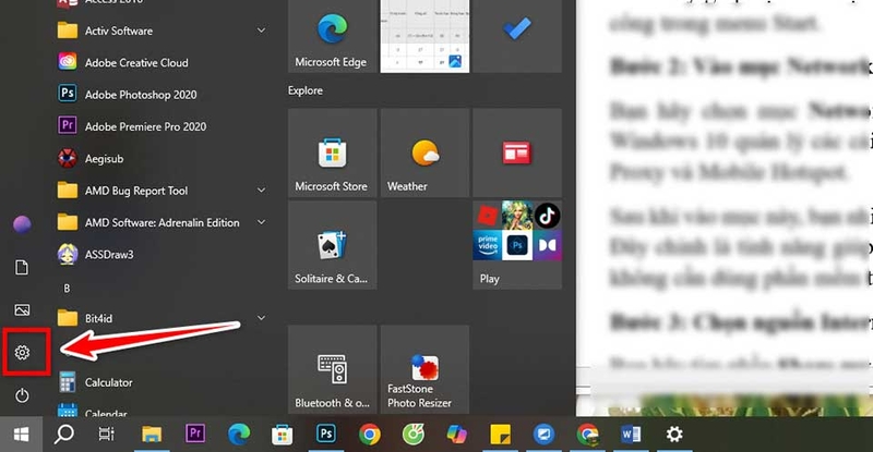Mở phần Settings trên laptop Win 10