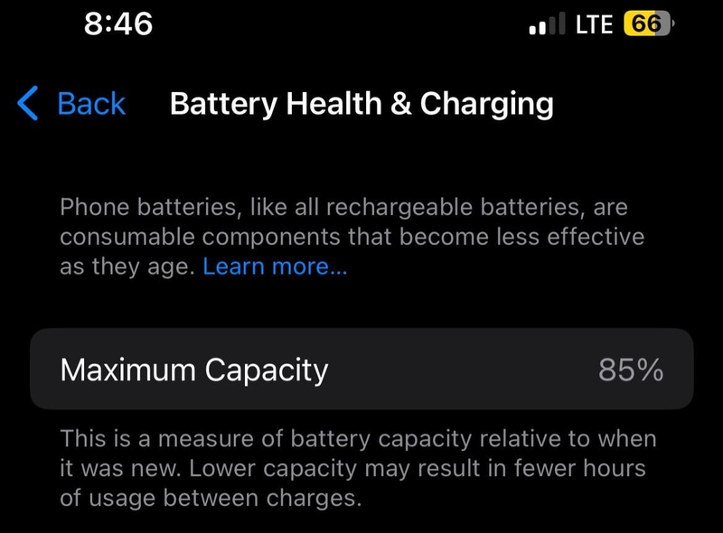 Dung lượng pin iPhone còn 85%