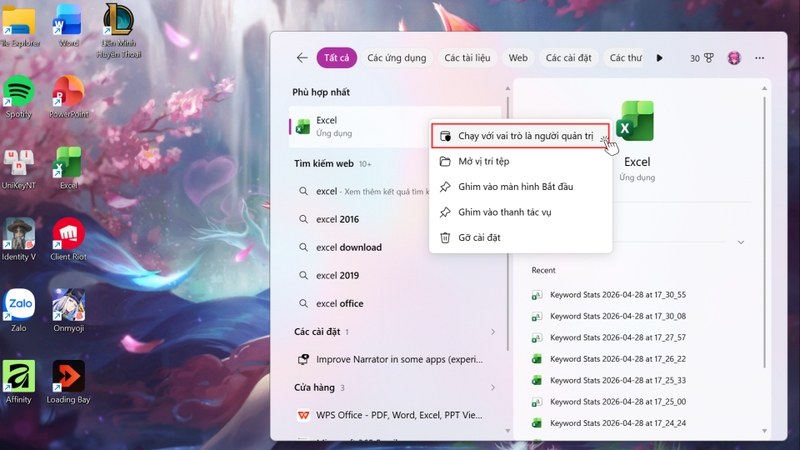 Nhấp chuột phải vào biểu tượng Excel