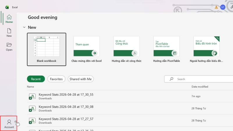 Mở Excel, sau đó vào menu File và chọn Account (hoặc Office Account)