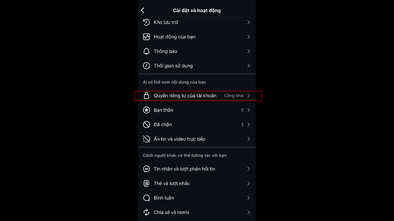 Bấm vào "Quyền riêng tư của tài khoản"