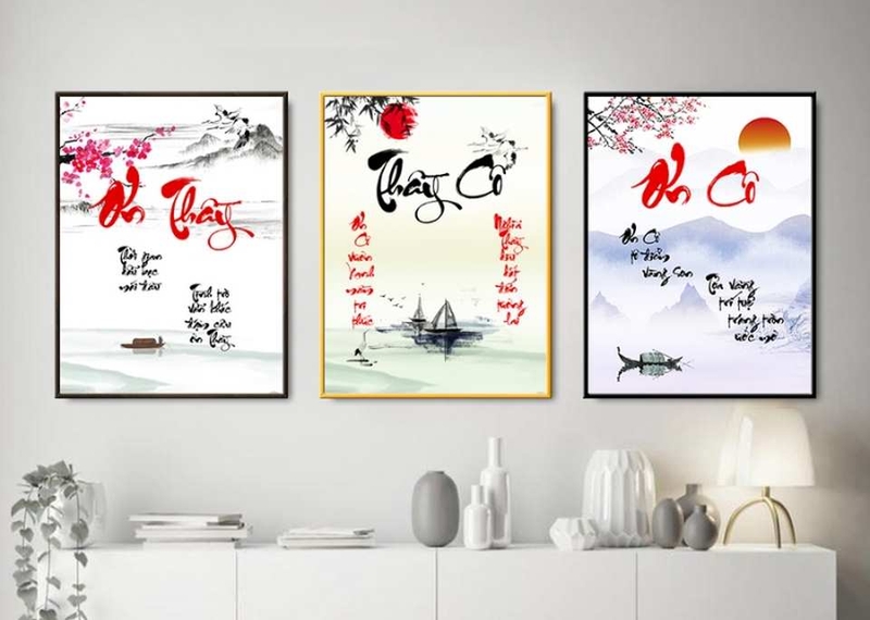 Một bức tranh Tết với hình ảnh hoa mai, hoa đào