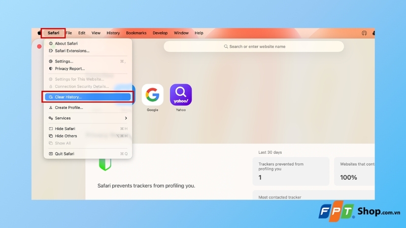 nhấn vào Safari và chọn Clear History...