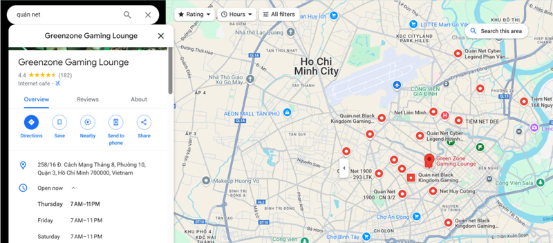 Tìm kiếm quán net trên Google Maps