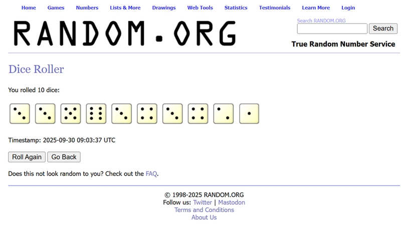 Gieo xúc xắc ngẫu nhiên trong Random.org