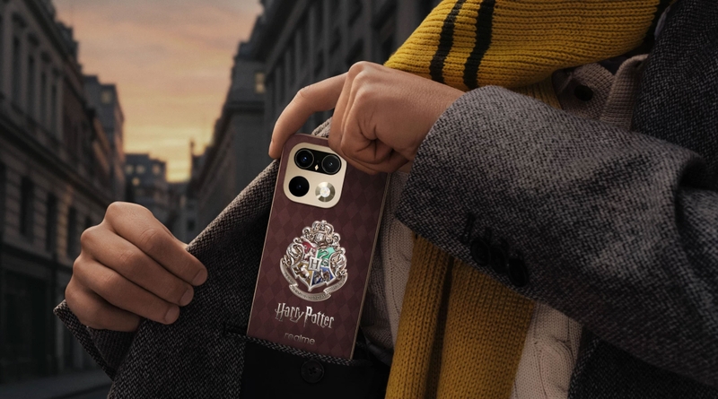 Mặt lưng cảm quang của realme 16 Pro Harry Potter Edition giúp các màu trên huy hiệu Hogwarts nổi rõ khi dùng ngoài trời.