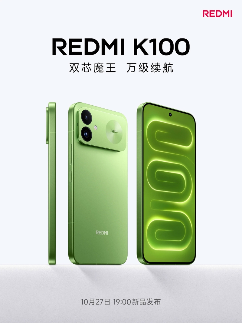 REDMI K100 phiên bản Firefly Green nổi bật với mặt lưng xanh nhạt, khung viền kim loại và cụm camera lớn.