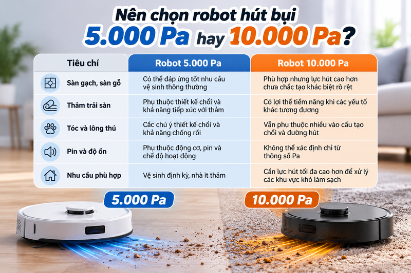Nên chọn robot hút bụi 5.000 Pa hay 10.000 Pa?