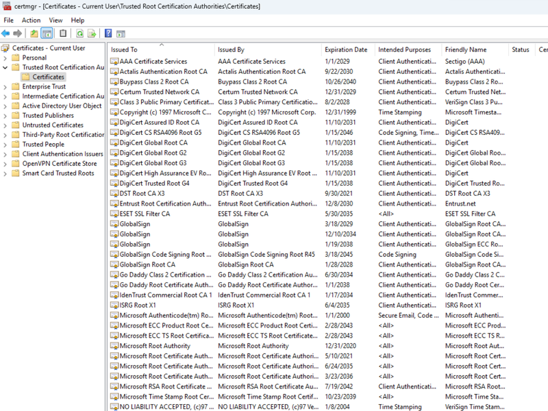 Trusted Root Certification Authorities