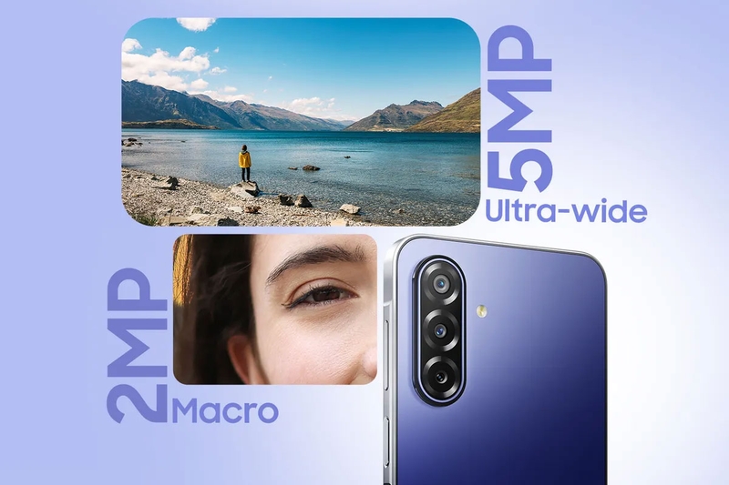 Galaxy F70 5G hỗ trợ chụp khung cảnh rộng và ghi lại chi tiết cận cảnh với hai camera phụ.