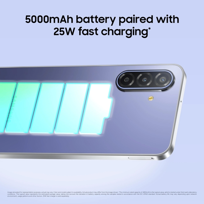 Galaxy F70 5G sở hữu pin 5.000 mAh, hỗ trợ sạc nhanh 25 W giúp rút ngắn thời gian chờ sạc.