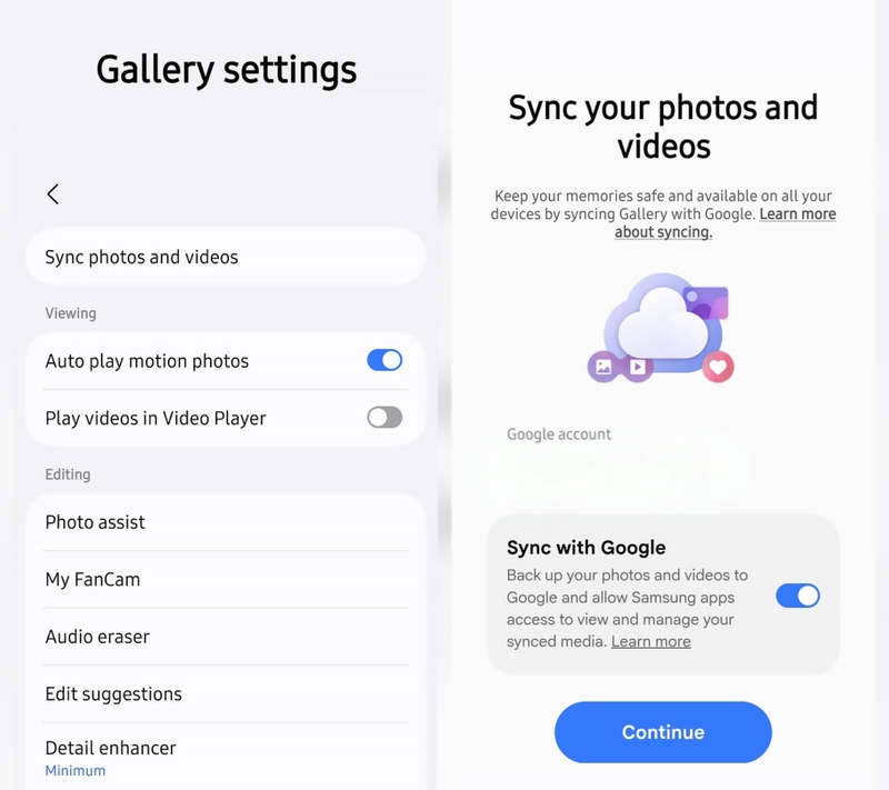 Samsung Gallery cho phép bật “Sync with Google” trực tiếp trong phần cài đặt đồng bộ ảnh và video.