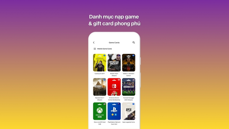 Danh mục nạp game và gift card phong phú