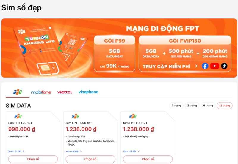 SIM vào mạng 1 năm FPT