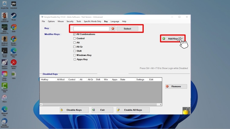 Nhập phím bạn muốn vô hiệu hóa, sau đó nhấn Add Key