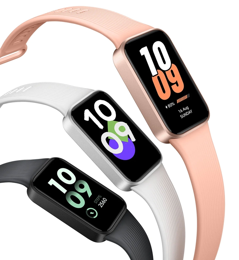 Smart Band 11 Active sử dụng thiết kế mặt chữ nhật bo cong, đi kèm dây đeo thể thao đồng màu với thân máy.