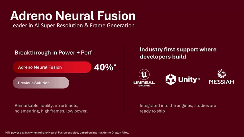 Adreno Neural Fusion kết hợp AI với pipeline đồ họa, hướng đến tốc độ khung hình cao hơn và mức tiêu thụ điện thấp hơn.