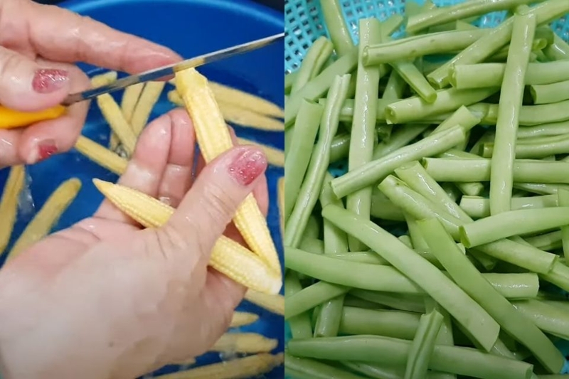 sơ chế bắp non xào đậu que