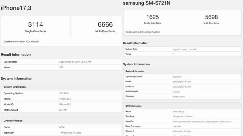Hiệu suất CPU của Apple A18 vượt trội hơn so với Exynos 2400