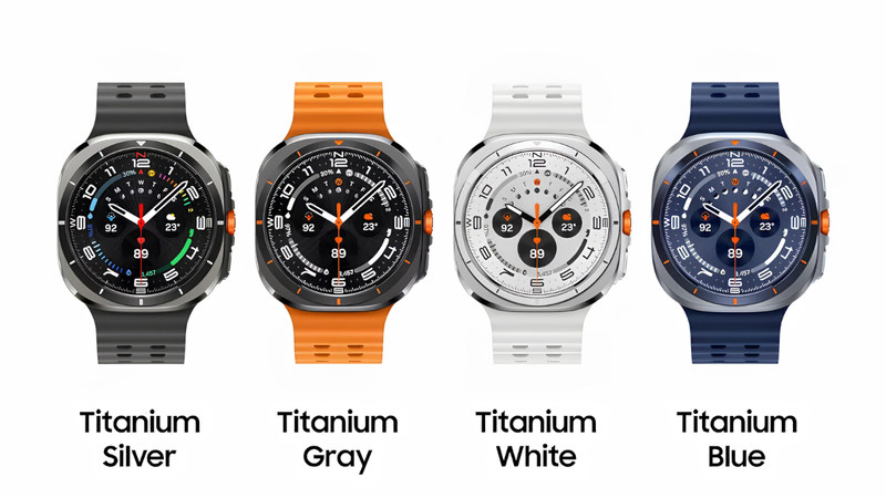 Bốn phiên bản Galaxy Watch Ultra xếp ngang trên nền trắng: Titanium Silver, Titanium Gray, Titanium White và Titanium Blue.