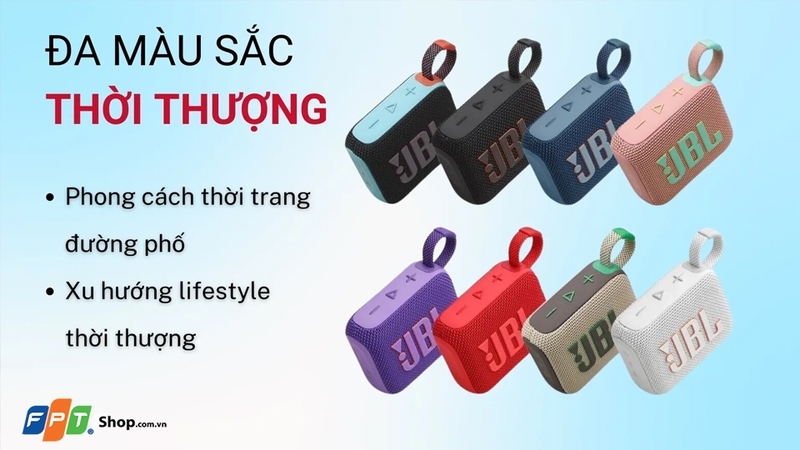 JBL Go 4 có thiết kế hình hộp chữ nhật với nhiều màu sắc đa dạng