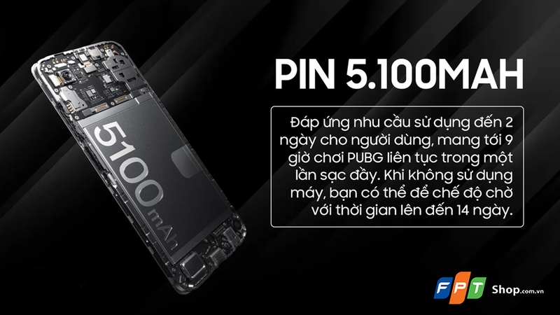 Viên pin lớn 5100 mAh đáp ứng nhu cầu sử dụng cả ngày dài