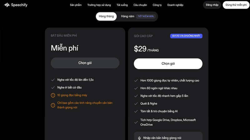 Speechify có bản miễn phí và trả phí