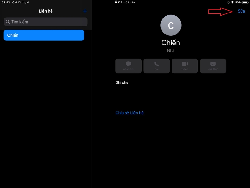 sửa liên hệ trên iPad 2