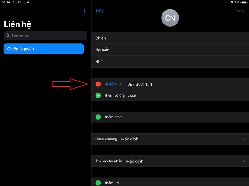 sửa liên hệ trên iPad 6