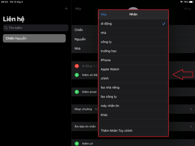 sửa liên hệ trên iPad 7