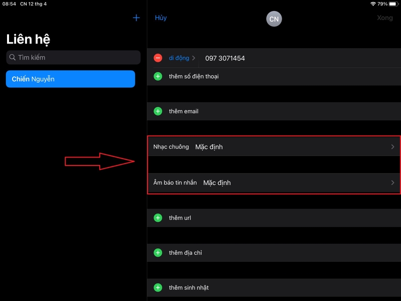 sửa liên hệ trên iPad 9