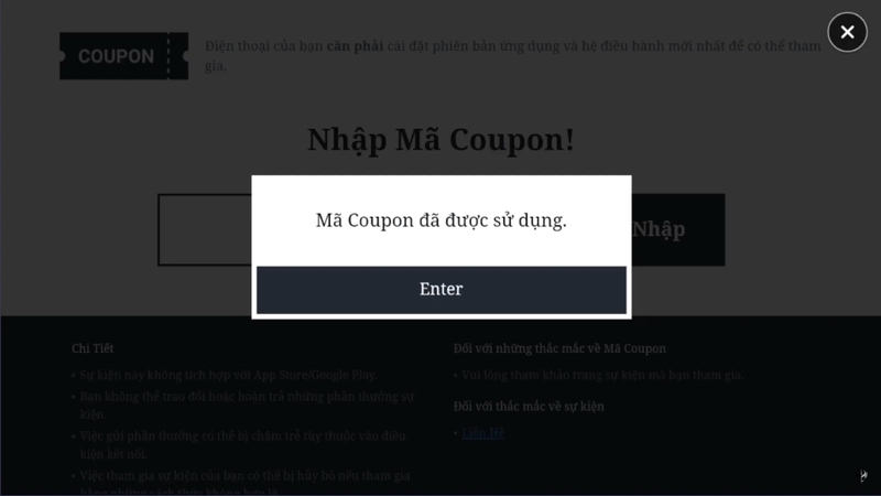 Code hết hạn hoặc đã được sử dụng sẽ không đổi quà được nữa