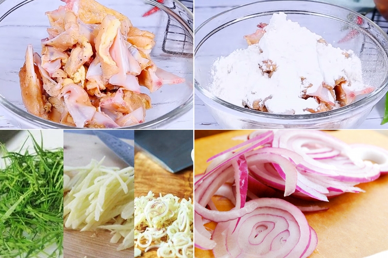 Sơ chế các nguyên liệu làm sụn gà rang muối.