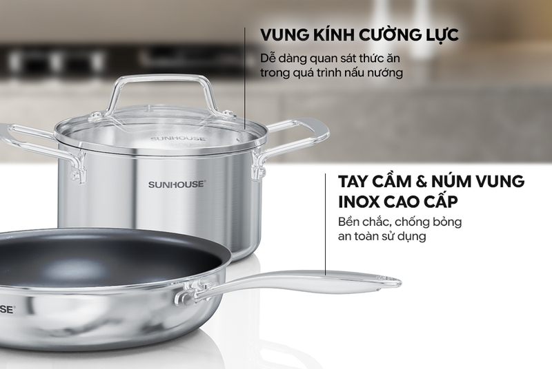 Bộ nồi chảo Inox 3 đáy Sunhouse Healthy SHG811 - hình 3