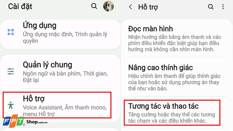 Tìm đến phần Tương tác và thao tác