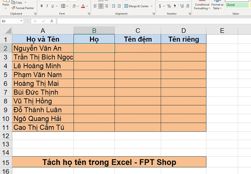 Tách họ và tên trong Excel - 08
