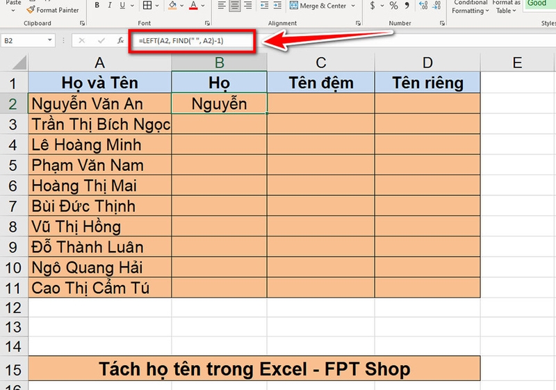 Tách họ và tên trong Excel - 09