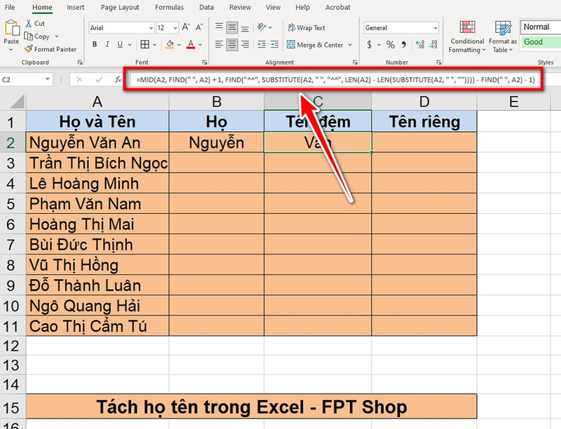 Tách họ và tên trong Excel - 02