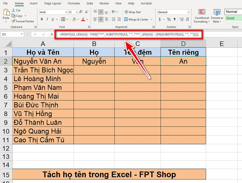 Tách họ và tên trong Excel - 07