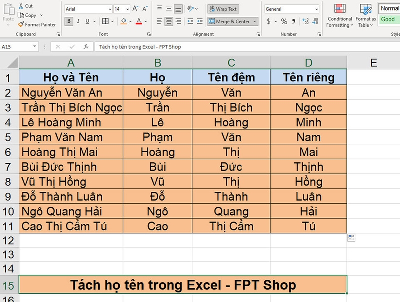 Tách họ và tên trong Excel - 06