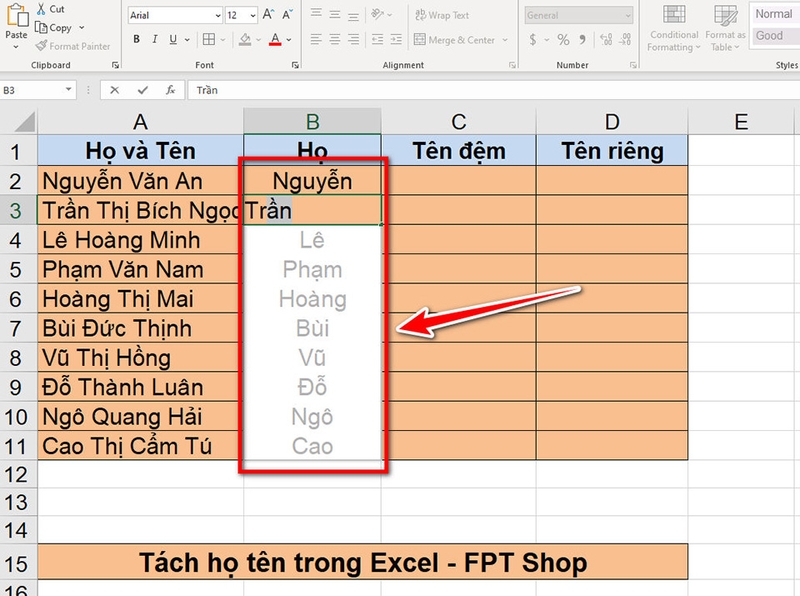 Tách họ và tên trong Excel - 05