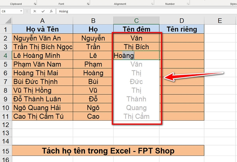 Tách họ và tên trong Excel - 04