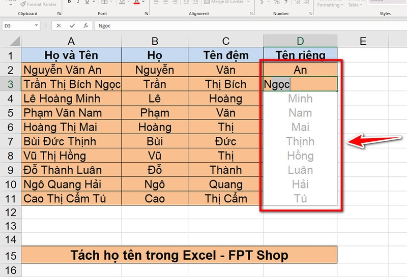 Tách họ và tên trong Excel - 03