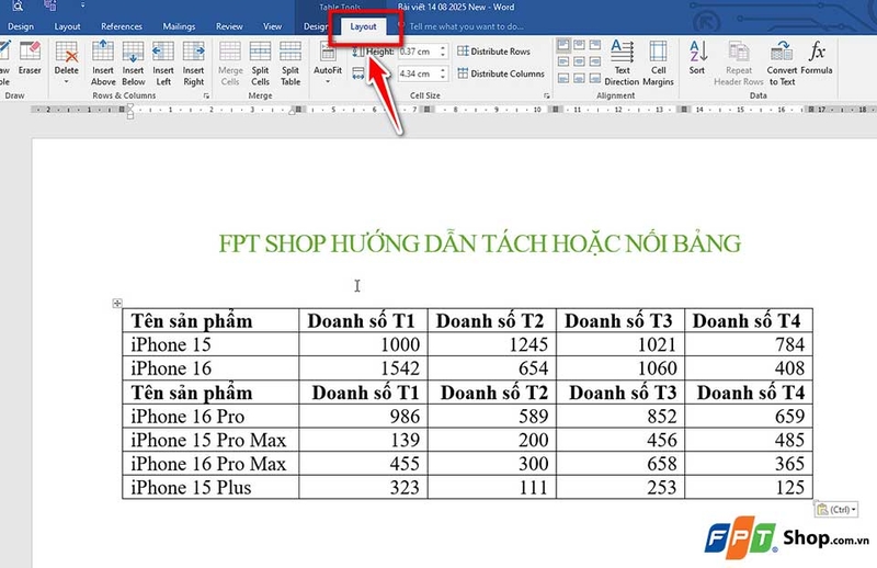 Tách và nối bảng trong Word - 06