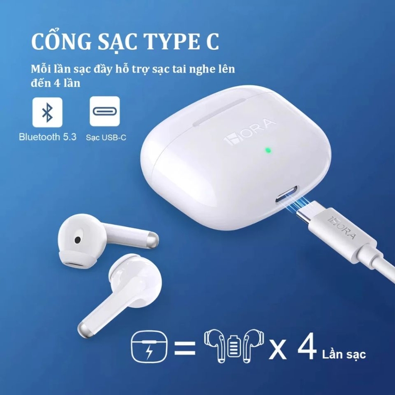 Tai nghe bluetooth 1Hora AUT203 trang bị cổng Type C, sạc tai nghe tiện lợi