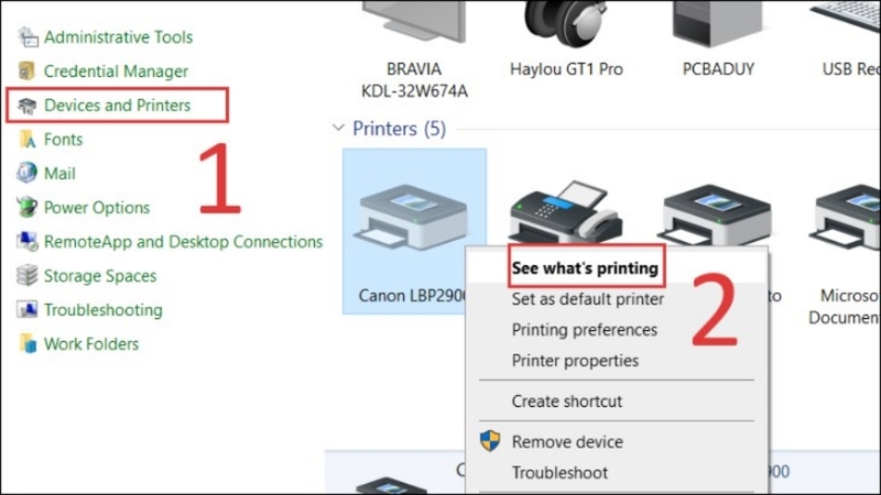 Chọn View Devices and Printers và chọn See what's printing