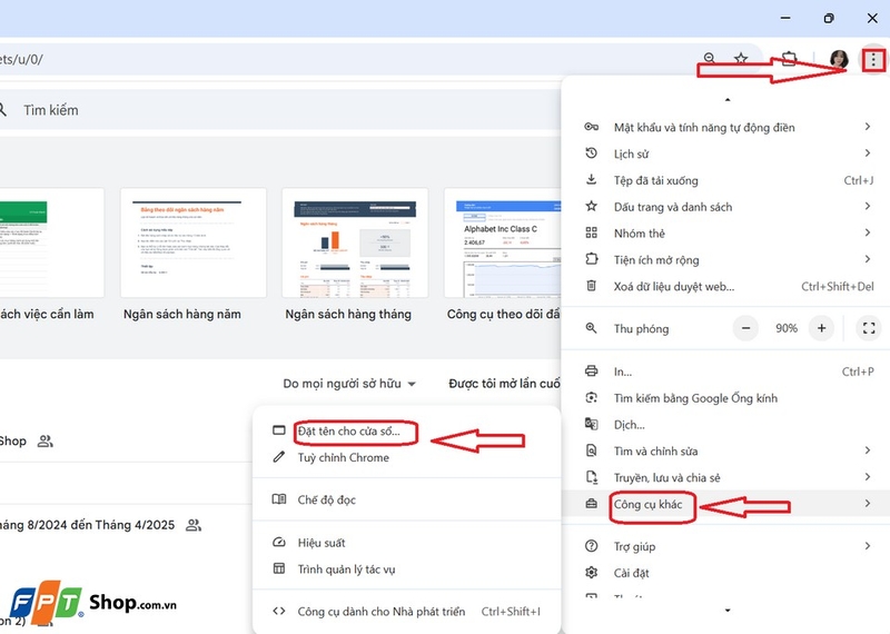 Màn hình di chuyển đến phần Google Sheets